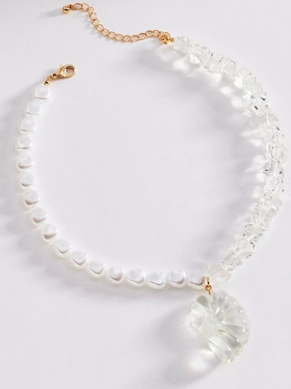 Anthropologie White Pearl & Clear Crystal Pendant Necklace with Gold Accents
